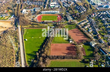 , Aerial photograph, Lohrheidestadium, Leithe, Bochum, Ruhr area, North Rhine-Westphalia, Germany, DE, Europe, football ground, football stadium, foot Stock Photo