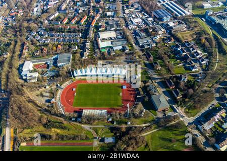 , Aerial photograph, Lohrheidestadium, Leithe, Bochum, Ruhr area, North Rhine-Westphalia, Germany, DE, Europe, football ground, football stadium, foot Stock Photo
