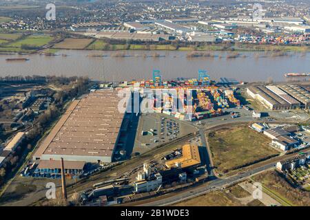 Aerial photograph, Logport II, Schnelleke Logistic Warehouses, RRT Rhein-Ruhr Terminal Company for Container and Goods Handling mbH, River Rhine, Duis Stock Photo