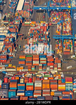Aerial photo, logport I, terminal, container port, Duisburg, Ruhr area, North Rhine-Westphalia, Germany, DE, Duisburger Hafen, Duisport, Europe, port, Stock Photo