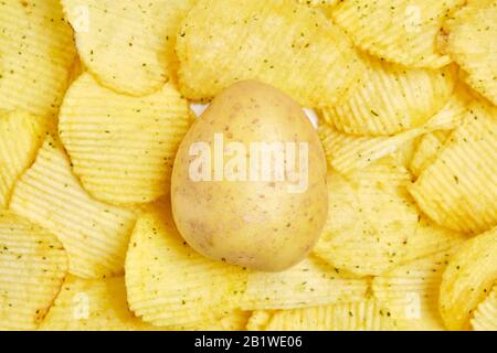 Fluted chips with potatoes on them. Top view. Close up. Top view. Stock Photo