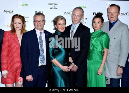 Emily Beecham, Peter Wanless, Countess of Wessex, David Tait, Anna Friel and Alistair Petrie (left to right) attending the Sulphur and White World Premiere held at the Curzon Mayfair in London. Stock Photo