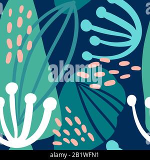 Vector seamless artistic bright tropical pattern with original stylish floral background print, fantastic forest, summer beach fun Stock Vector