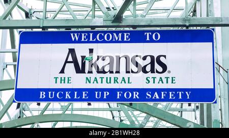 Welcome to Arkansas highway sign on I-40 between Tennessee and Arkansas Stock Photo
