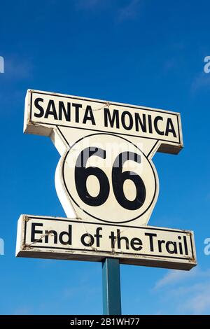 End of the trail / End of Route 66 sign in Santa Monica Pier, California, USA Stock Photo