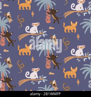 Cute jungle animals night scene seamless pattern vector. Childish cartoon background with monkey, jaguar and parrot. Stock Vector
