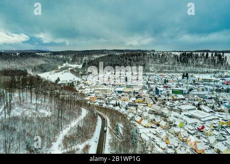 Albstadt, snow city at the Schwaebische Alb of germany in white powdered winter landscape with cloudy blue sky. Stock Photo