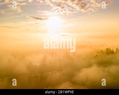 Foggy sunrise - aerial photo above very thick clouds foggy sunrise over pine tree forest and village in North Sweden - golden sun light. Lappland Stock Photo