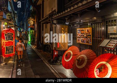 Kyoto, Japan, August 18, 2019 – Night view of  Pontocho, a typical narrow alley of Kyoto full of typical Japanese restaurants Stock Photo