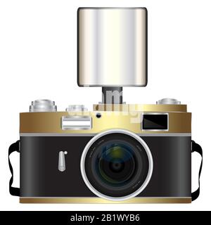 photo camera with a gold case. realistic retro photo camera with photoflash. vector illustration. Stock Vector