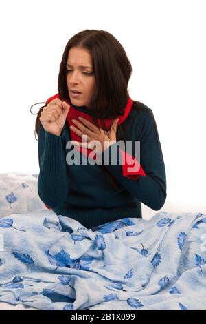 Ill caucasian woman cough isolated over white background . Stock Photo