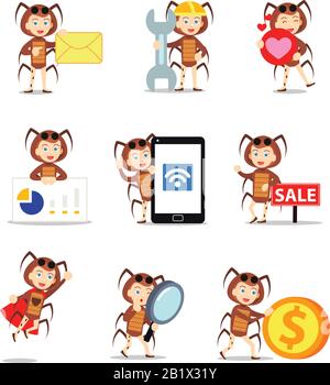 Set character of woman wearing costume cockroach with antennas and six legs. Stock Vector