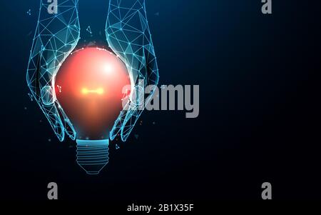 hand holding a light bulb shape. Idea, innovation and inspiration concept. Lines, triangles and particle style design Stock Vector