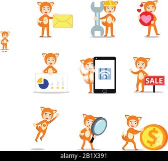 Set character of man in orange fox costume with tail. Stock Vector