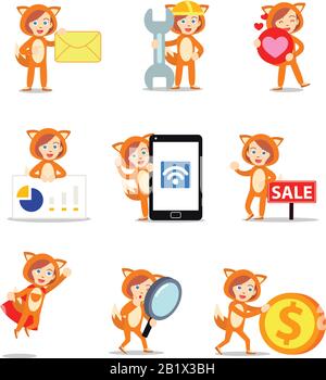 Set character of woman in fox animal costume for Halloween party. Stock Vector