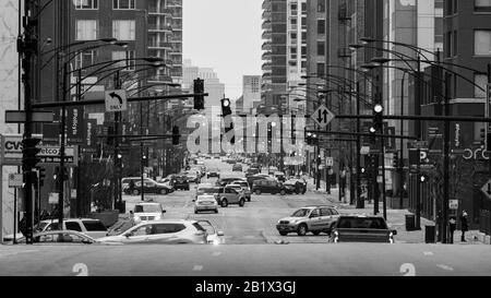 Chicago, Illinois, United States - February 9, 2020: View looking north on Orleans St in River North in Chicago. Stock Photo