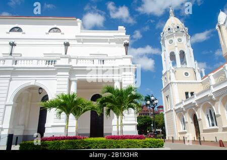 View of National Theatre of Panama in Casco Antiguo on the left and the San Francisco de Asis Church on the right Stock Photo