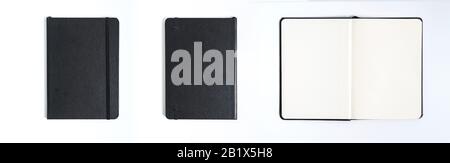Notebook mock up with clean black blank for design and advertising. Notepad with chromed spring and free copy space template. On the gray background. Stock Photo