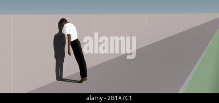 An exasperated man leans with his head down against a wall in this illustration about depression, anxiety, trouble, sadness or other applicable topics Stock Photo