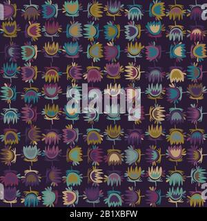 Dark floral mosaic vector texture. Masculine geometric seamless stylised flower pattern. Hand drawn variegated daisy tulip check background. Textured Stock Vector