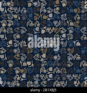 Dark floral mosaic vector texture. Masculine geometric seamless stylised flower pattern. Hand drawn variegated daisy tulip check background. Textured Stock Vector