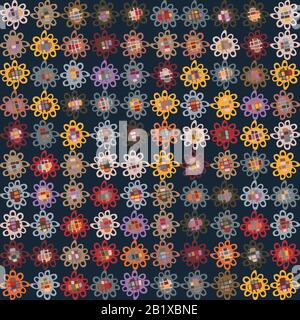 Dark floral doodle daisy vector texture. Boho flower grid seamless stylised pattern. Hand drawn colorful variegated daisy stripe background. Textured Stock Vector