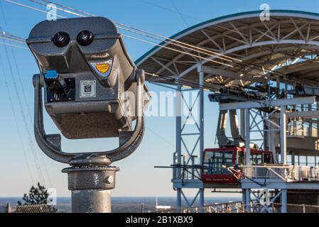 Summit Skyride cable car and coin-operated scenic lookout viewer atop Stone Mountain in Atlanta, Georgia's Stone Mountain Park. (USA) Stock Photo