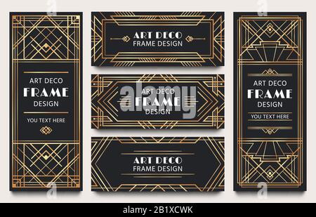 Golden art deco banner frames. Geometric gold lines frame, luxury decorative corners and premium label vector set Stock Vector