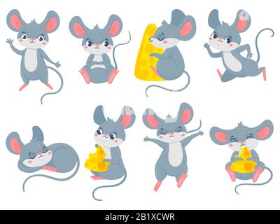 Cartoon mouse. Little cute mouses, funny small rodent pet and mice with cheese vector set Stock Vector