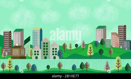 Vector illustration in simple minimal geometric flat style - city landscape with buildings, hills and trees Stock Vector