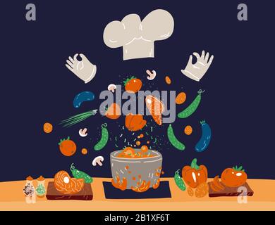 Vector cartoon cute concept of Professional Cooking for small restaurants and home cook. White Hat and gloves with vegetables, meat - ingredients for Stock Vector