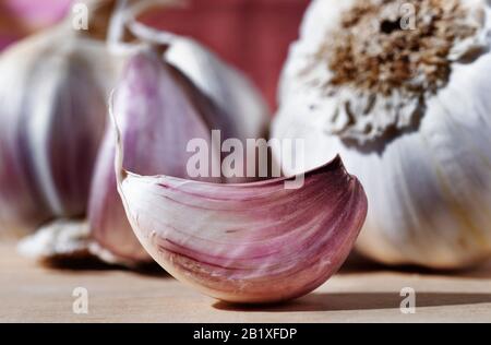Beautiful  white -purple garlic clove on wooden table  in the background garlic bulbs Stock Photo