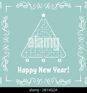 New Year greeting card with a triangular labyrinth. Find the right path to the star. Game for kids. Christmas tree. Maze conundrum. Vector illustratio Stock Vector