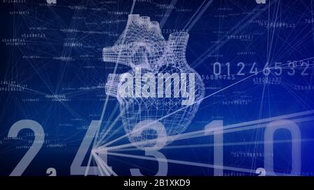 3d rendering of a human heart which consists of points and lines. Modern Computer technology concept on the blue background. Stock Photo