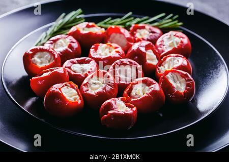 Hot red tiny cherry peppers stuffed with soft ricotta cheese served on a black plate with rosemary sprigs on a dark concrete background, horizontal or Stock Photo