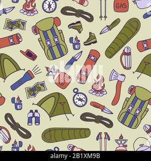 Hiking and backpacking colored seamless pattern. Trekking hand drawn icons. Vector illustration. Stock Vector