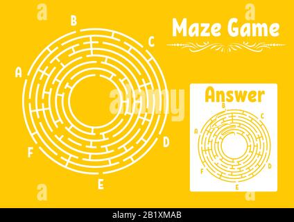 Abstract round maze. Game for kids. Puzzle for children. Labyrinth conundrum. Flat vector illustration isolated on color background. With answer. Vint Stock Vector