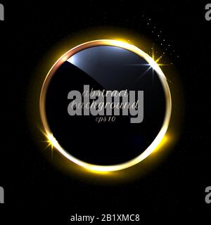 Abstract Black Glossy Circles Golden Border Round Frame with Gold Particle on Dark Background. Luxury Style. Vector Illustration Stock Vector