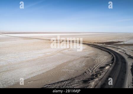 aerial view of desert road in northwest of China Stock Photo