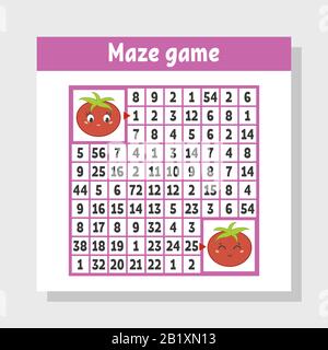 Mathematical colored square maze. Help one tomato get to another. Game for kids. Puzzle for children. The study of numbers. Labyrinth conundrum. Flat Stock Vector