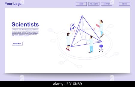 Computer assisted science isometric webpage template. Scientists with AI assistant. Geometry experts calculating pyramid proportions, doing 3d Stock Vector