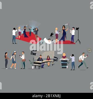 Journalist interviewing flat illustration set. Correspondents, photographers cartoon characters. Reporters, interviewers with microphone recording Stock Vector