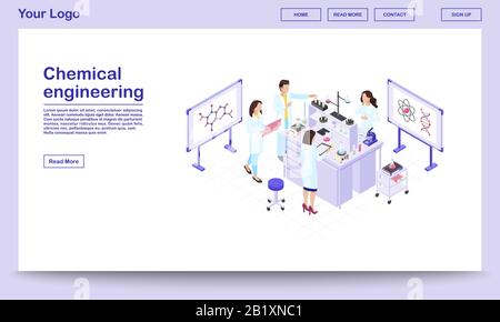 Chemical engineering isometric webpage template. Biochemistry researchers making tests in beakers. Scientific lab with professional equipment and Stock Vector
