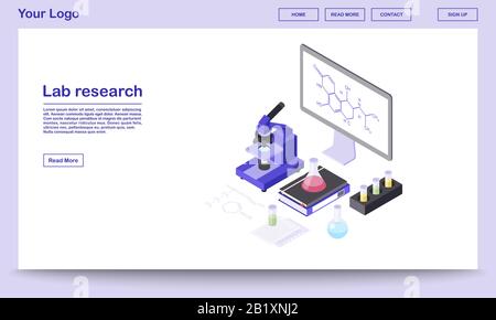Lab research tools isometric webpage template. Modern laboratory equipment, 3d microscope, beakers. Chemical substance formula on big board, screen Stock Vector
