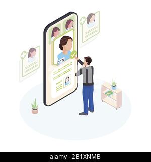Choosing doctor online isometric illustration. Patient selecting physician profile on smartphone screen isolated character. Telemedicine personnel Stock Vector