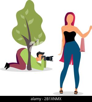Paparazzi photographer behind tree flat vector illustration. Journalist with camera hiding and spy cartoon character. Reporter, cameraman taking Stock Vector