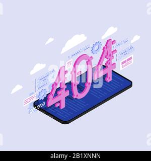 404 numbers on smartphone screen isometric illustration. Page not found alert notification. Website under construction concept. Internet browsing Stock Vector