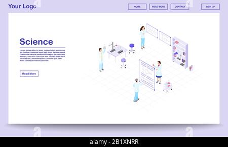 Chemistry research isometric website template. Cartoon lab workers holding glassware for scientific experiment. Scientists studying chemical reactions Stock Vector