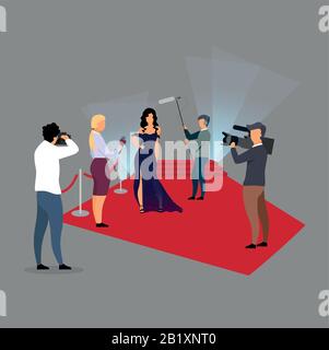 Red carpet ceremony reportage flat vector illustration. Journalists interviewing super star, celebrity cartoon characters. Reporters, paparazzi Stock Vector