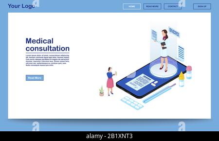 Medical consultation online isometric promo webpage template. Ehealth mobile app advertising landing page with text space. Patient calling Stock Vector